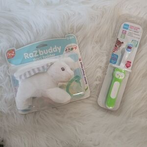 RaZbuddy White Bunny Paci Holder & MAM 1st Toothbrush Bundle NEW